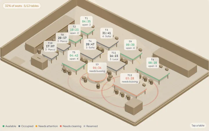3D view of the demo restaurant floor in TableWave Floor OS